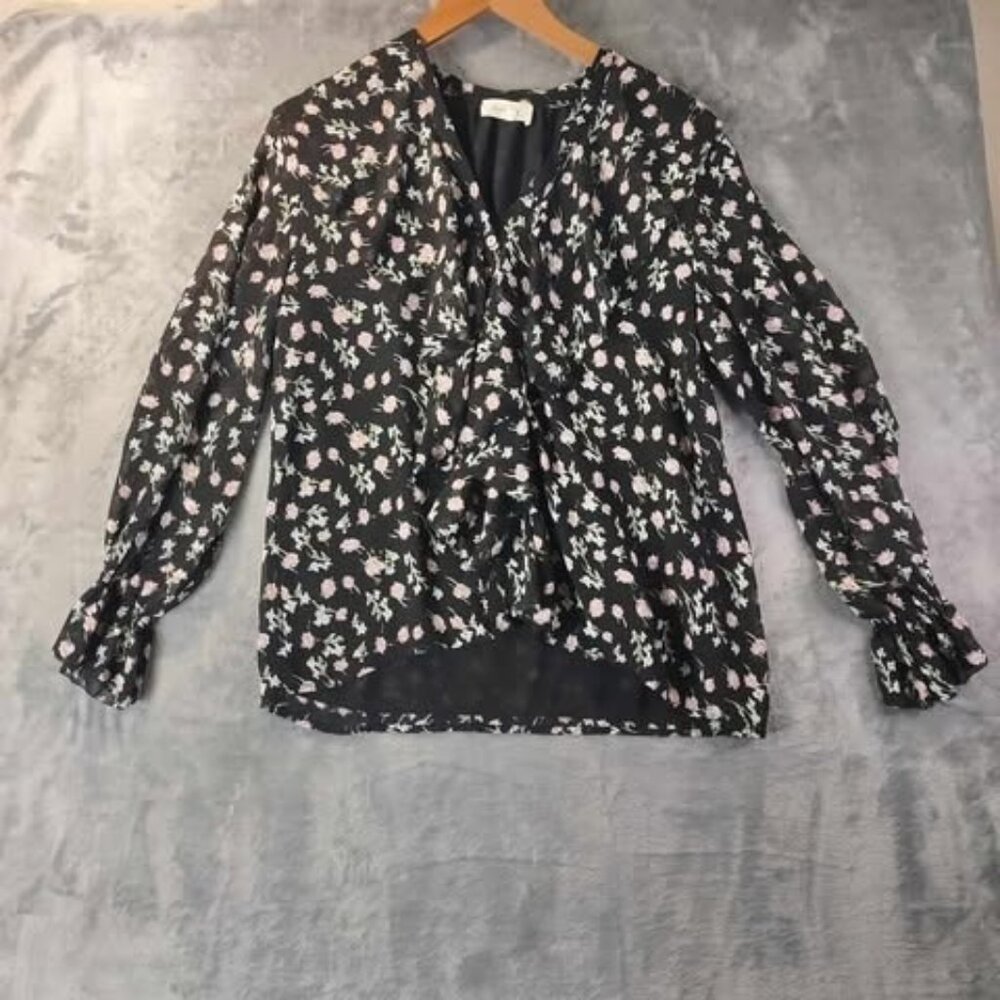 Böhme Womens S Black‎ Pink Floral Blouse Ruffle Front Long Sleeve Sheer Lined